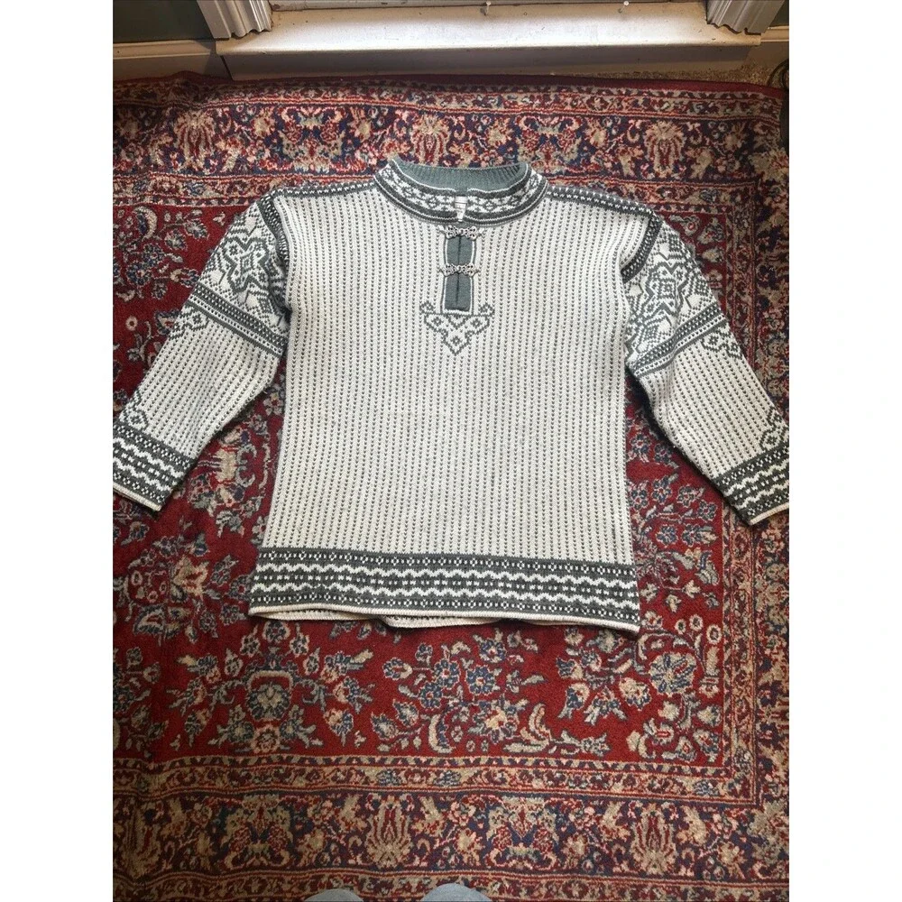 Boundary Waters Green & Ivory Nordic Wool Blend Fair Isles Sweater Small